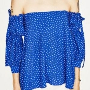Zara Top  | off the shoulder blue polka dot blouse